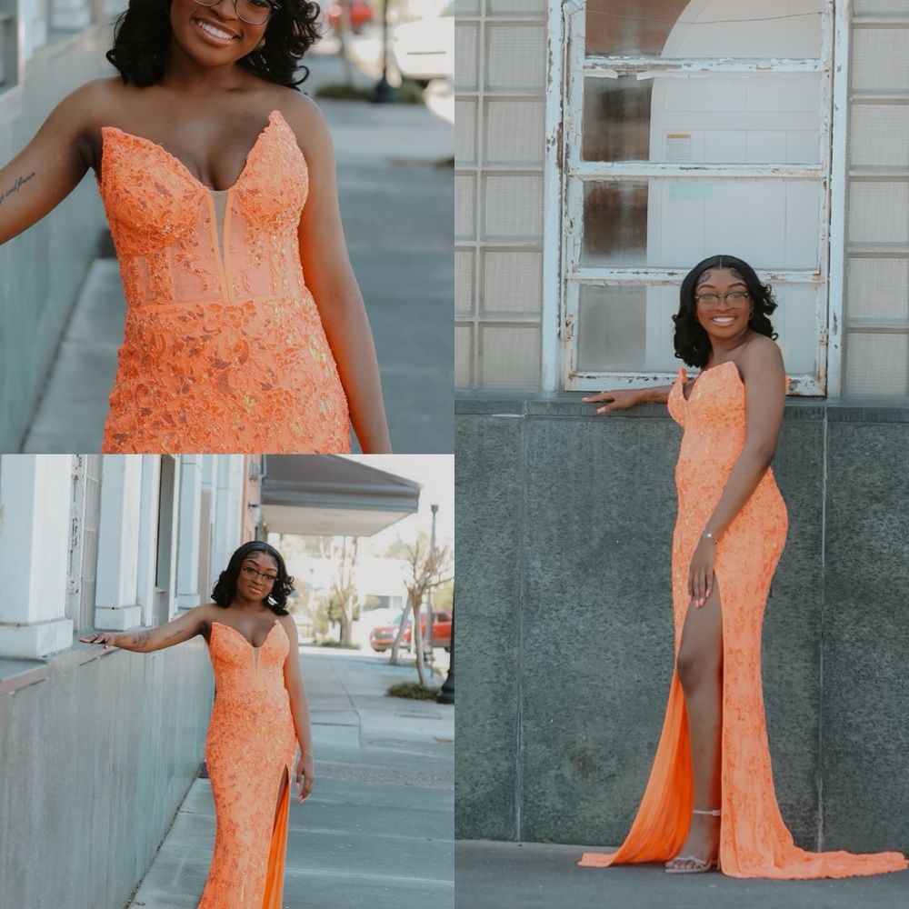 ✨ Coral Beaded Prom Dress Size 4 – Formal Gown w/ Slit & Corset Bodice